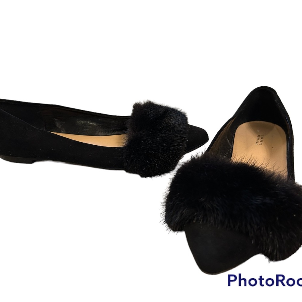 Black ballet flats with mink trim